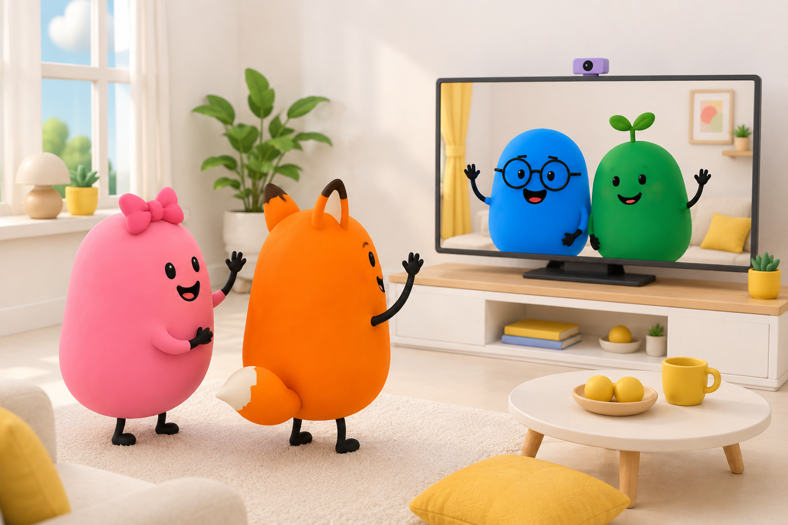 Pixo character illustration: friends wave to each other across a big-screen family call.