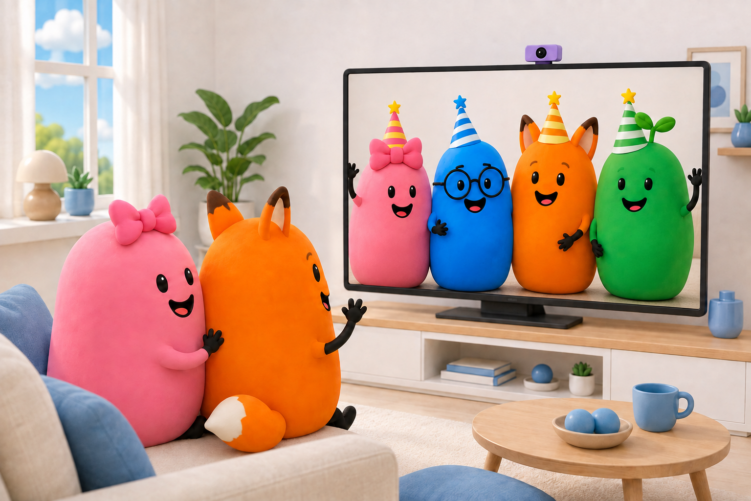Pixo character illustration: friends revisit one full-screen saved call snapshot on the TV, with playful party-hat filters.