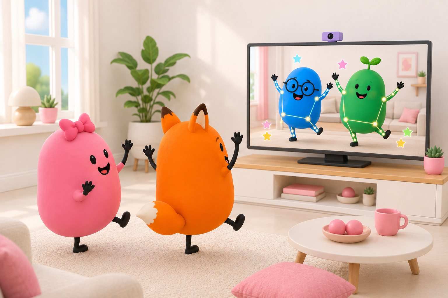 Pixo character illustration: friends strike matching poses during a TV call, with pose-tracking markers on the screen.
