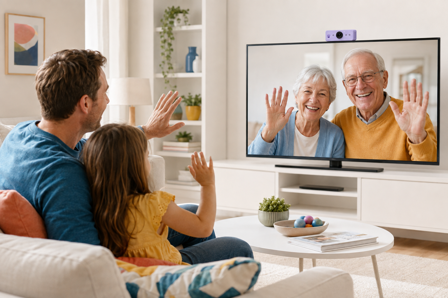 Concept: a parent and child wave to grandparents on a large TV, with lavender Pixo above the screen.