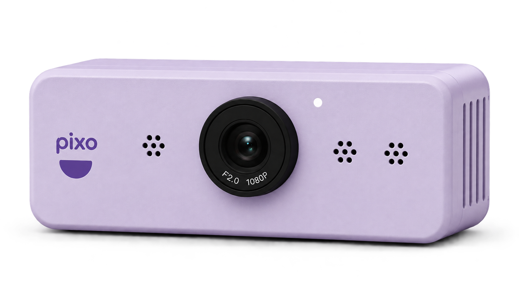 Pixo in soft lavender, with a rounded matte enclosure, central black camera lens, and purple Pixo smile logo